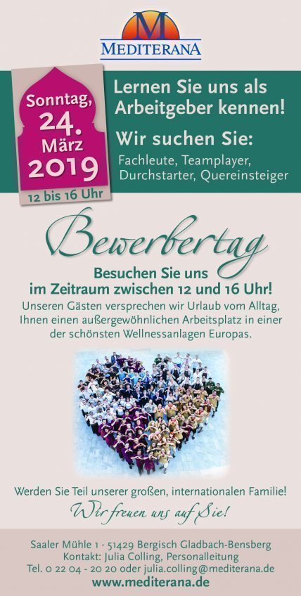 Das Mediterana bietet einen Bewerbertag am 24.03.2019 von 12:00 bis 16:00 Uhr an Das Mediterana bietet einen Bewerbertag am 24.03.2019 von 12:00 bis 16:00 Uhr an